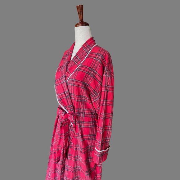 Lanz of Salzburg Red Plaid Tartan Flannel Womens Robe Tie Belt Lace Large - Picture 5 of 10